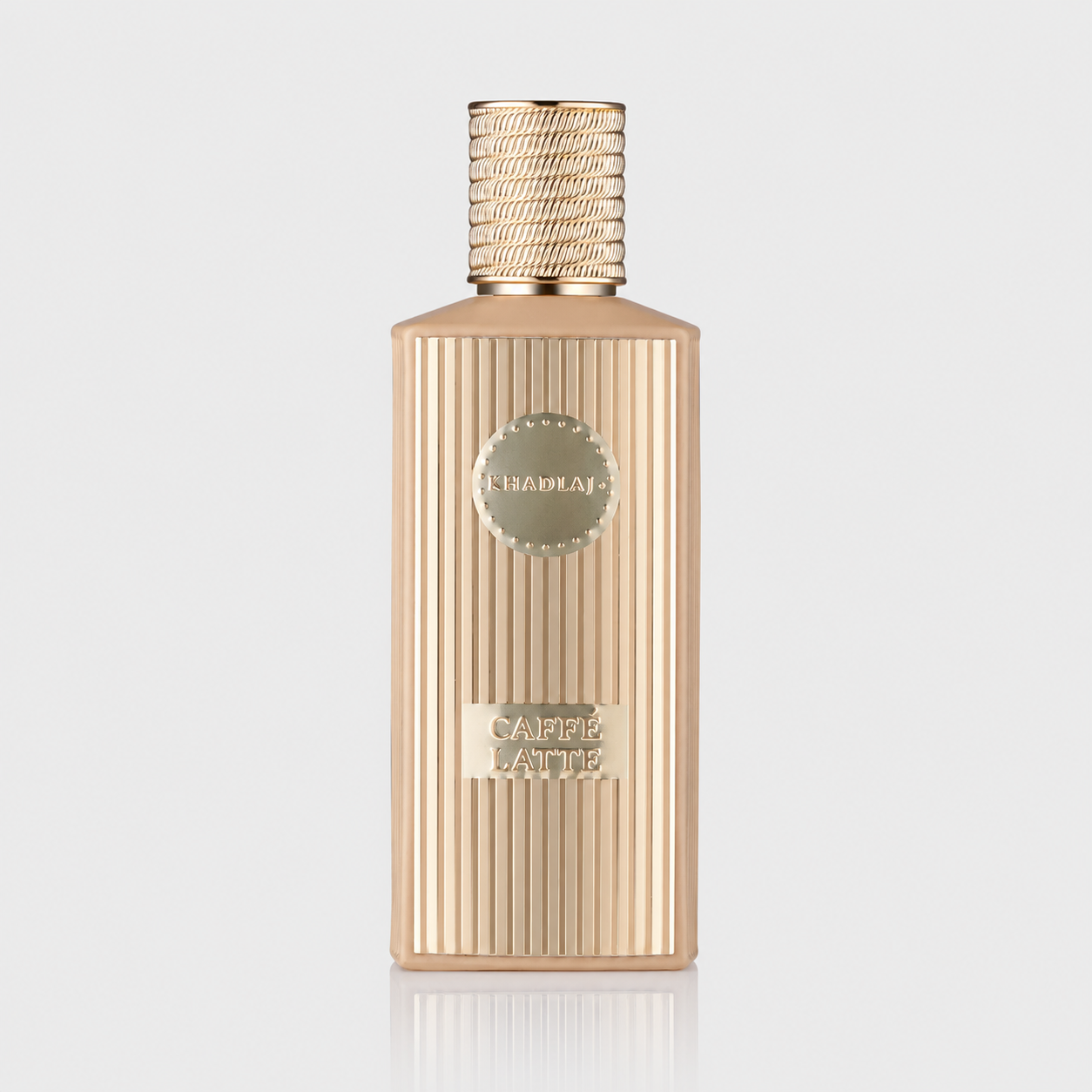 Gold perfume bottle with 'Caffe' label on a light gray background