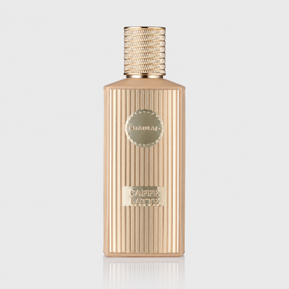Gold perfume bottle with 'Caffe' label on a light gray background