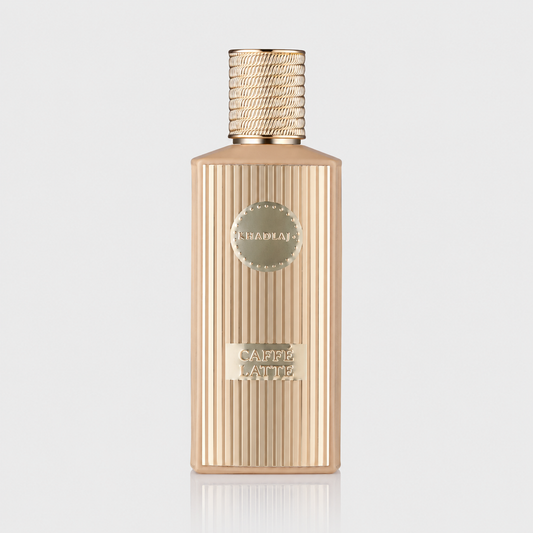 Gold perfume bottle with 'Caffe' label on a light gray background