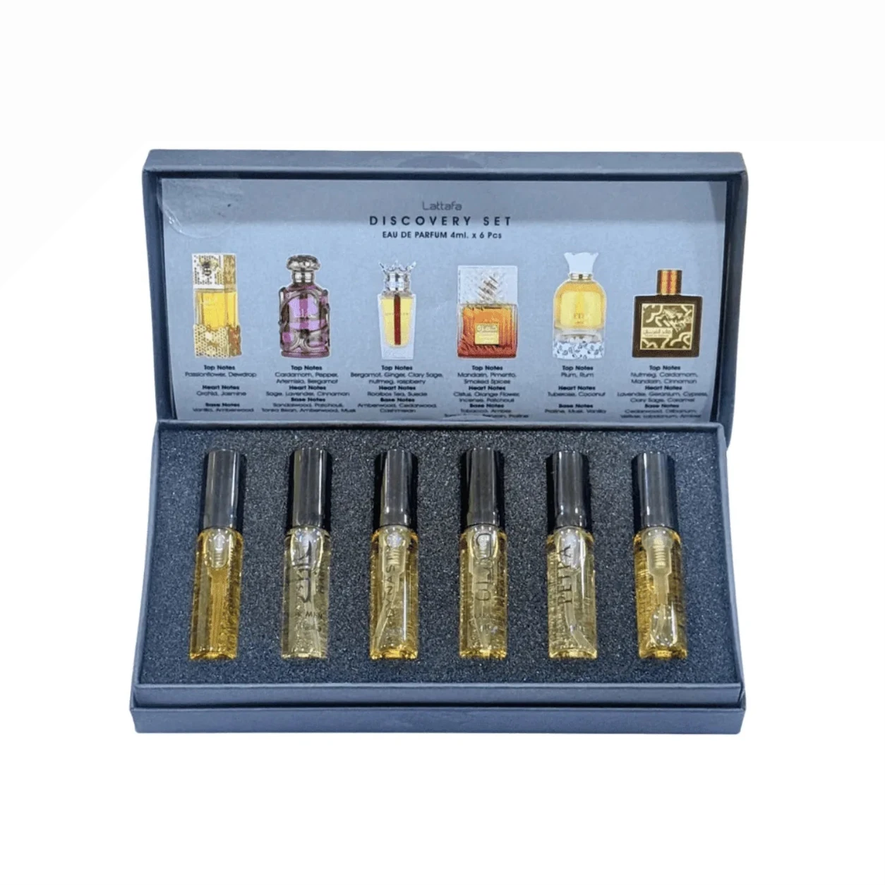 Set of six perfume bottles in a display case with labels on a white background