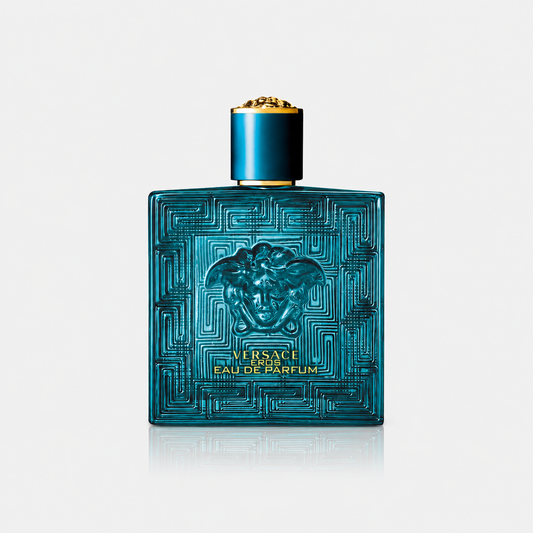 Versace Eros Eau de Parfum bottle on a light gray background