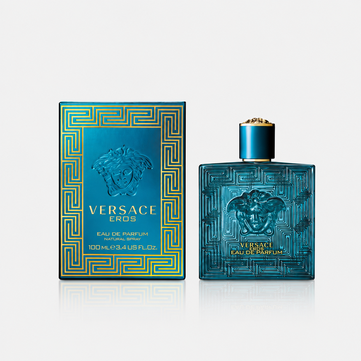 Versace Eros perfume bottle and packaging on a white background