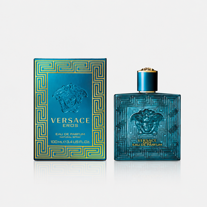 Versace Eros perfume bottle and packaging on a white background