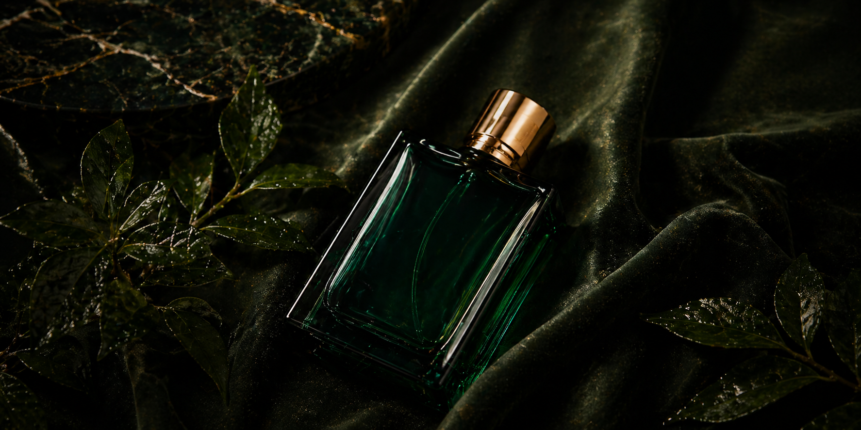 Green perfume bottle with gold cap on a dark fabric background