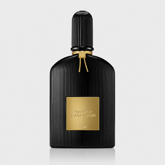Black perfume bottle with gold label on a light gray background